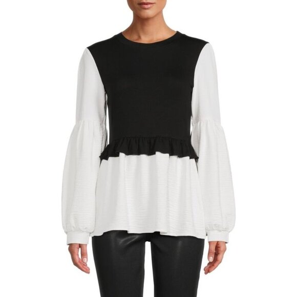 Patrizia Luca Colorblock Peplum Top Banded Cuffs Shirttail hem - Picture 1 of 10